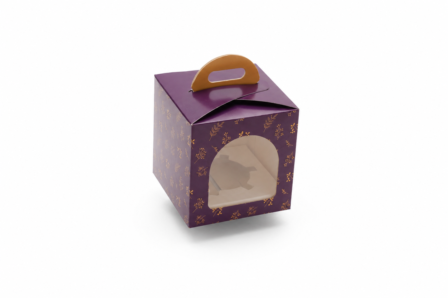Purple single-serve cupcake box with an arched window and carry handle